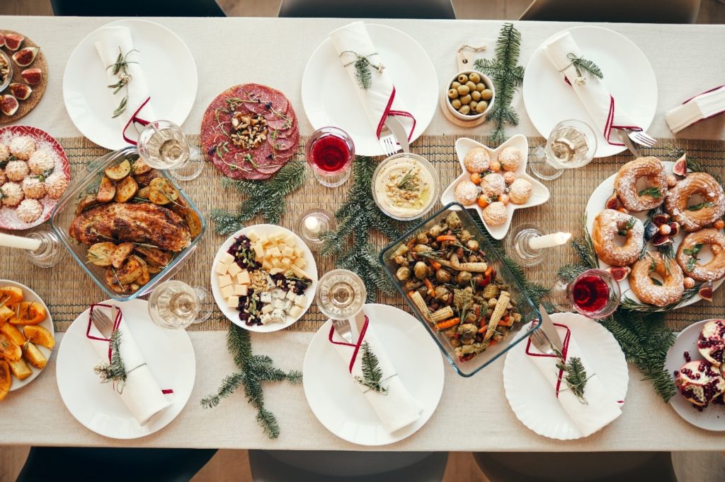 View of festive table filled with holiday foods